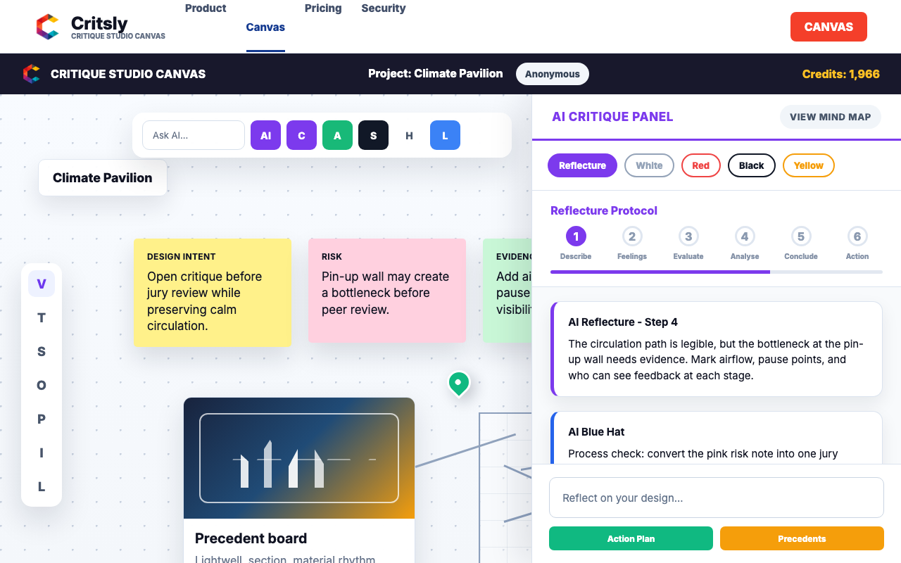 Critsly canvas and AI critique product interface