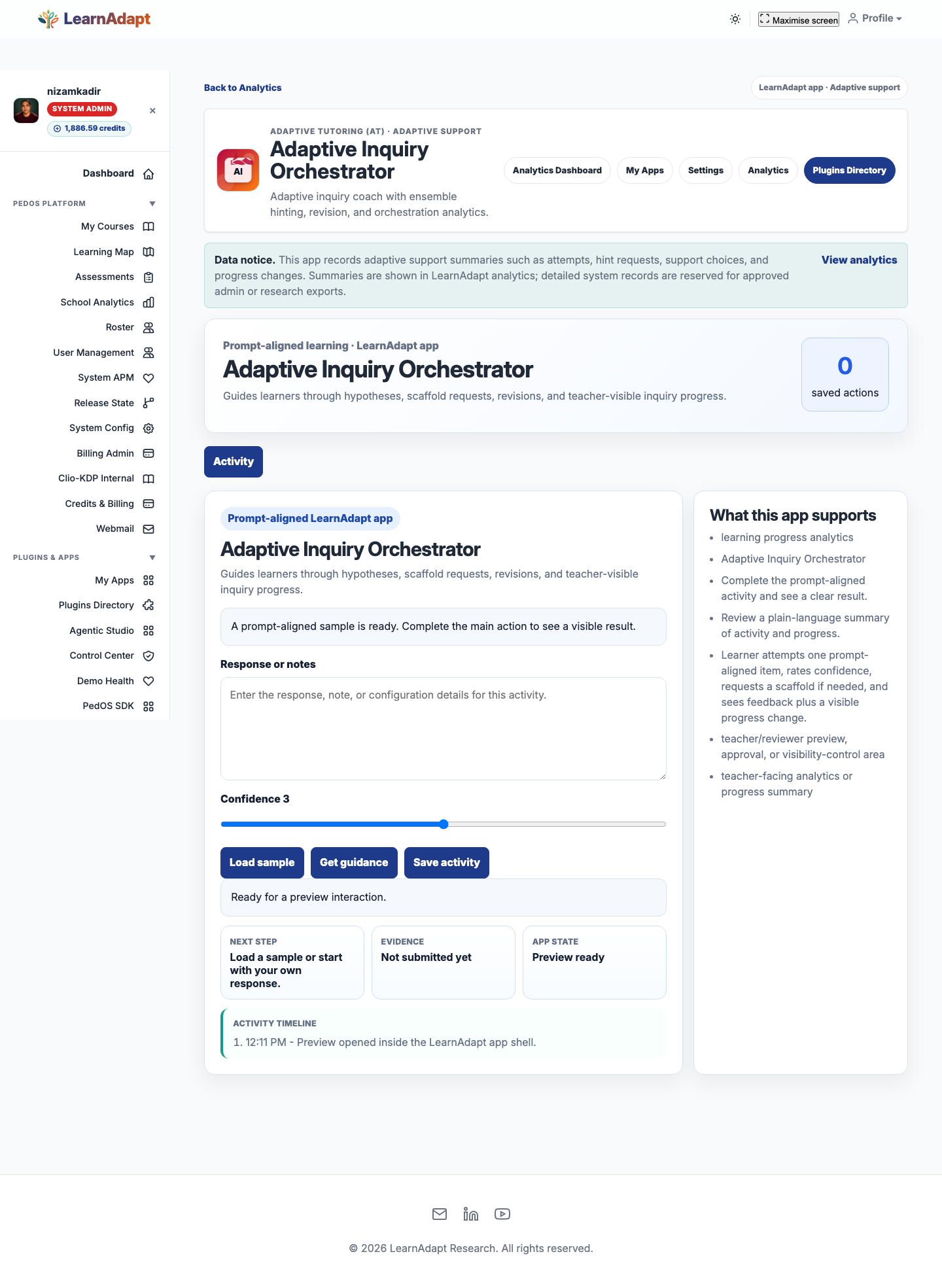 Adaptive Inquiry Orchestrator opens inside the selected LearnAdapt placement.