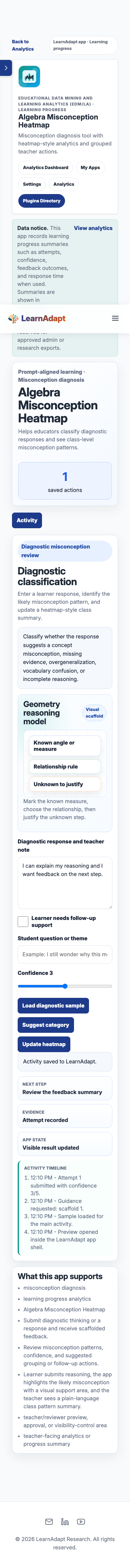 Algebra Misconception Heatmap on a mobile-width installed view.