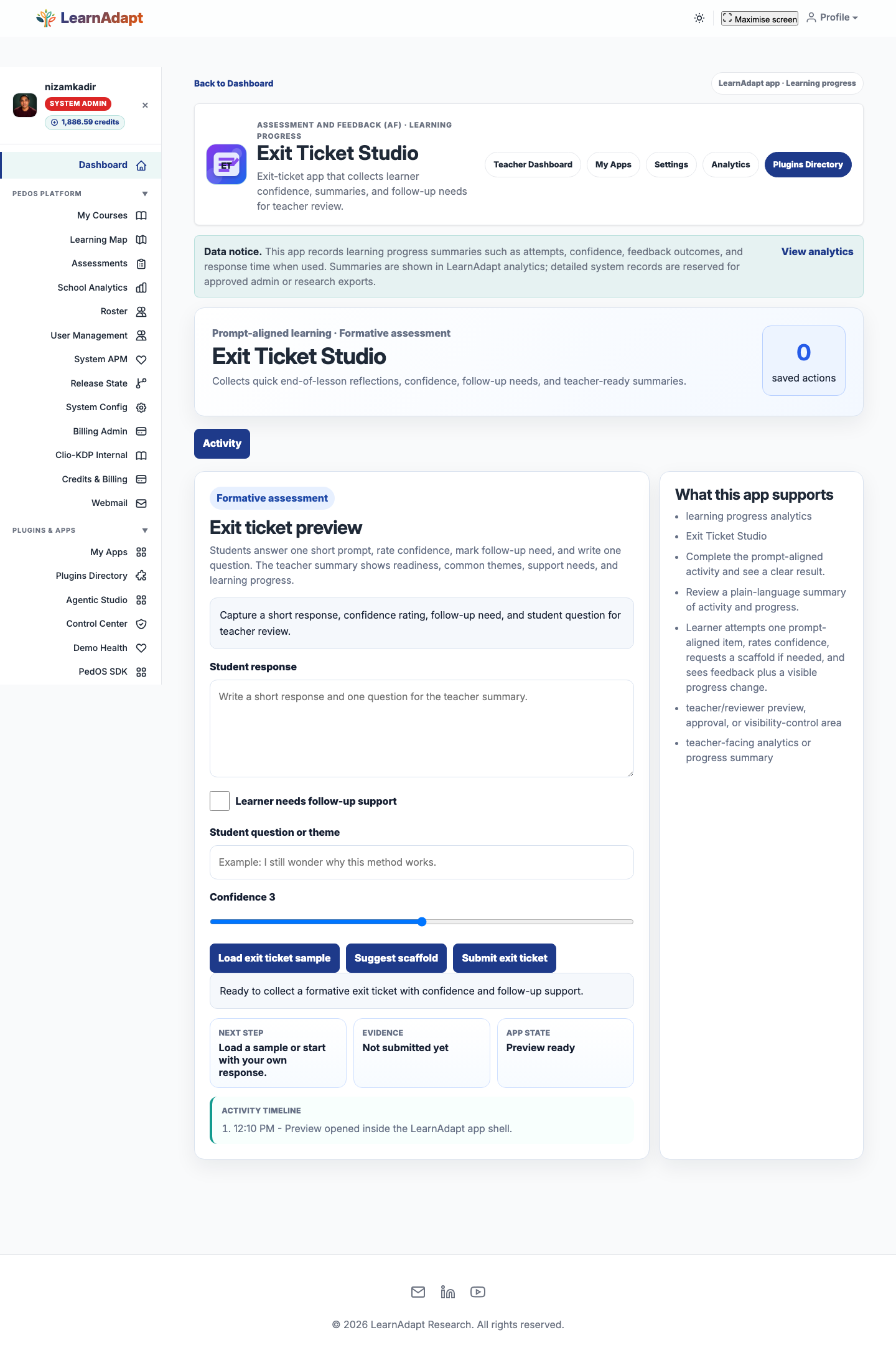 Exit Ticket Studio opens inside the selected LearnAdapt placement.