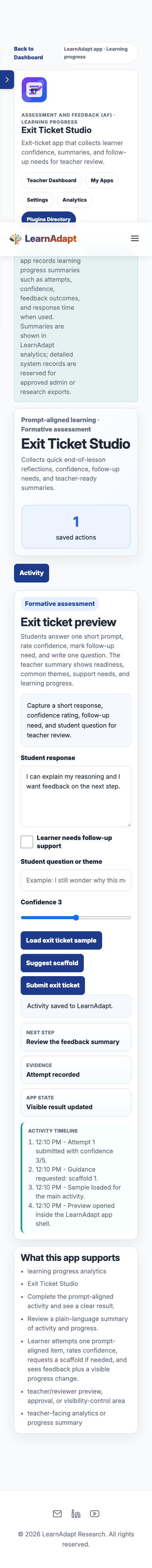 Exit Ticket Studio on a mobile-width installed view.