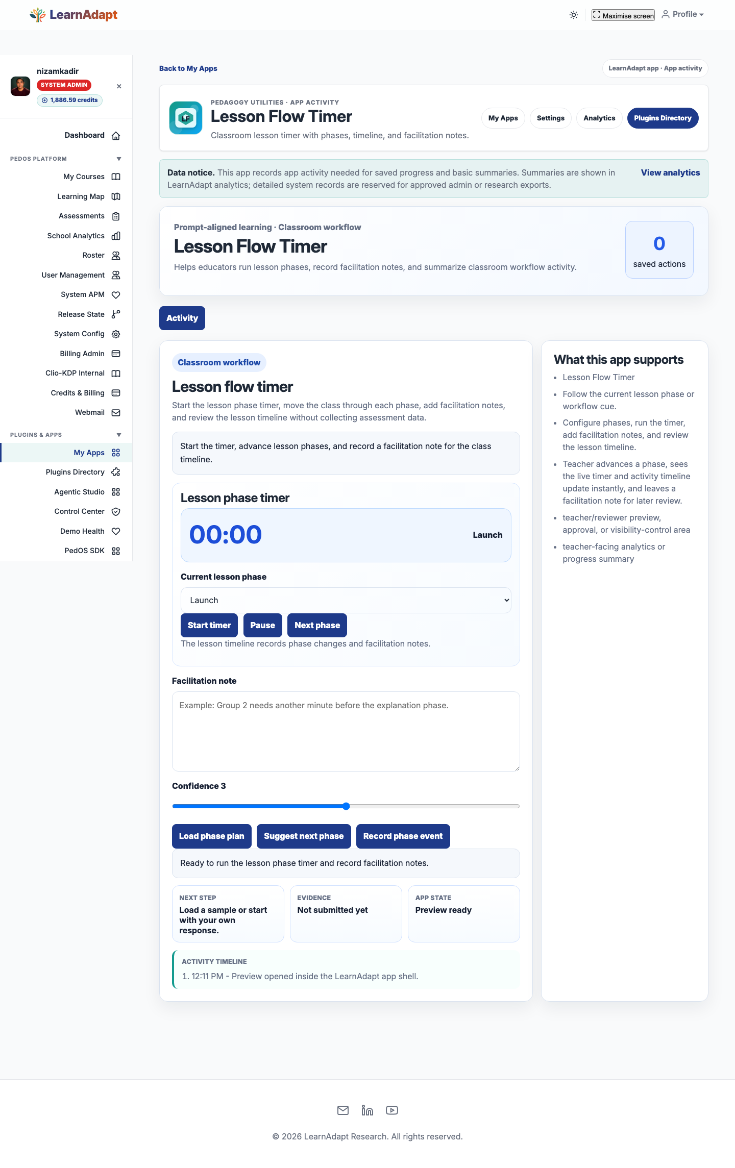Lesson Flow Timer opens inside the selected LearnAdapt placement.