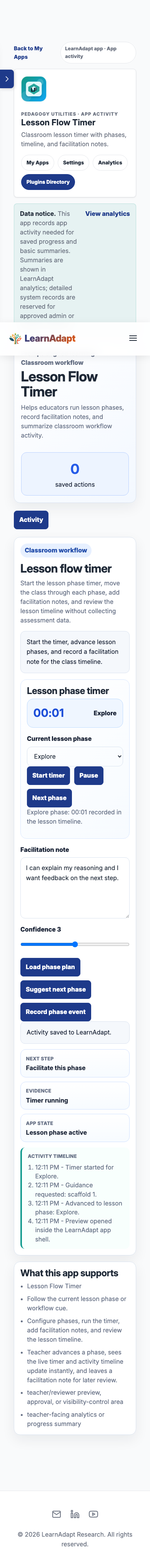 Lesson Flow Timer on a mobile-width installed view.