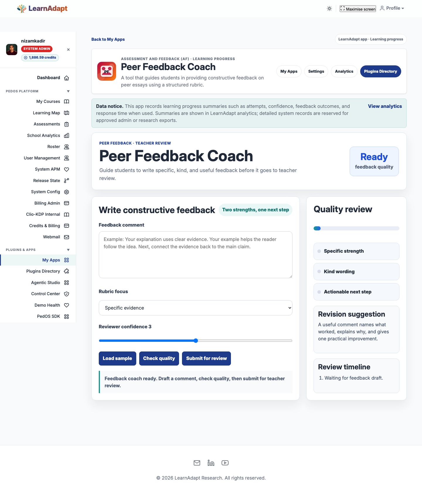 Peer Feedback Coach opens inside the selected LearnAdapt placement.