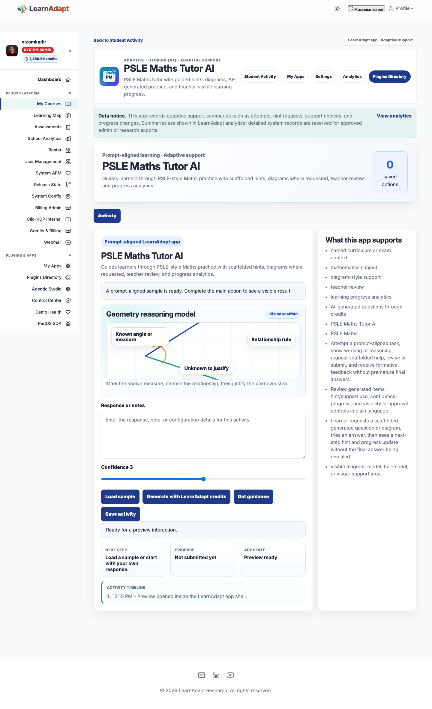 PSLE Maths Tutor AI opens inside the selected LearnAdapt placement.
