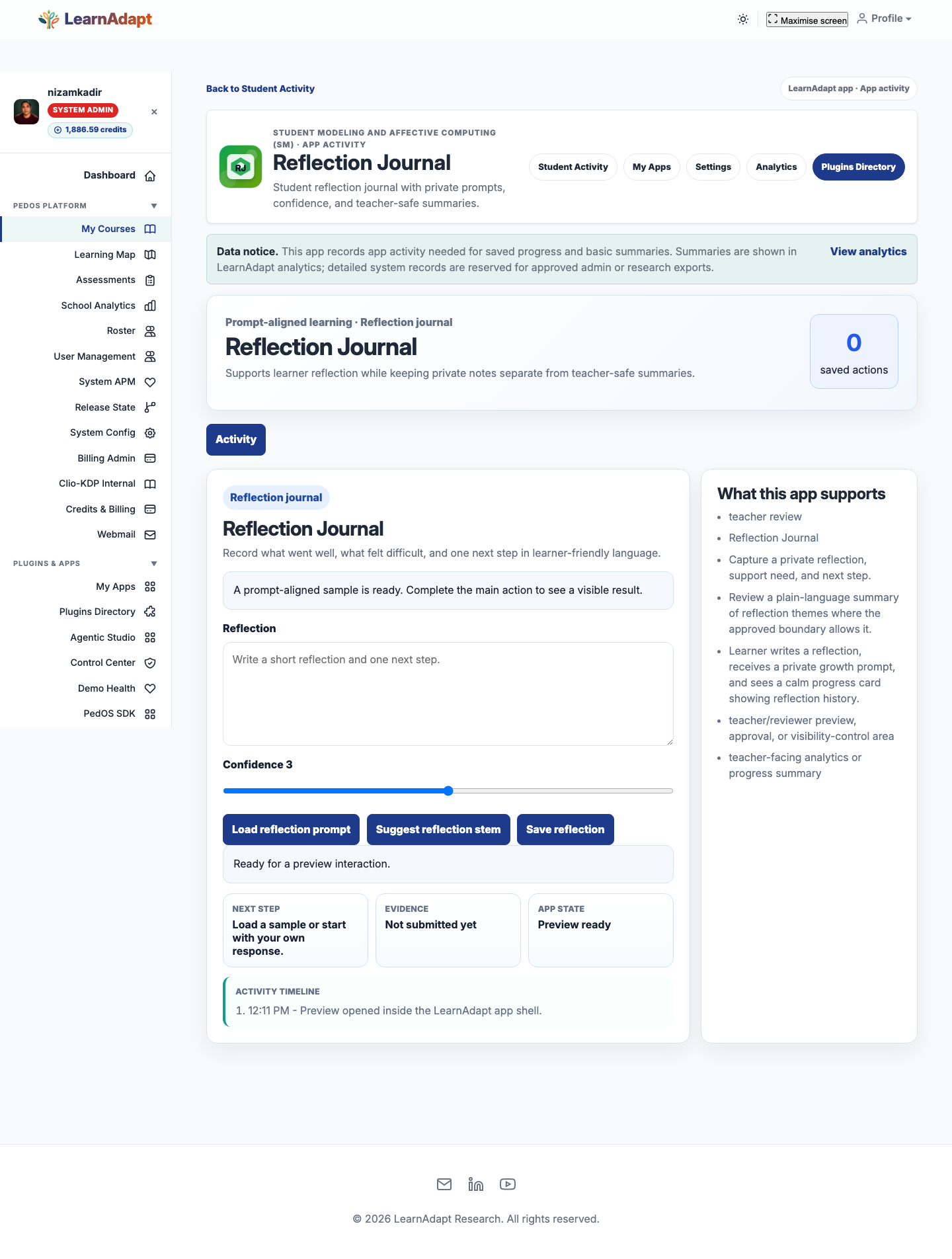 Reflection Journal opens inside the selected LearnAdapt placement.