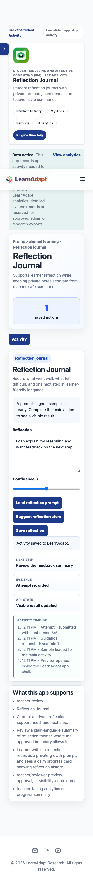 Reflection Journal on a mobile-width installed view.