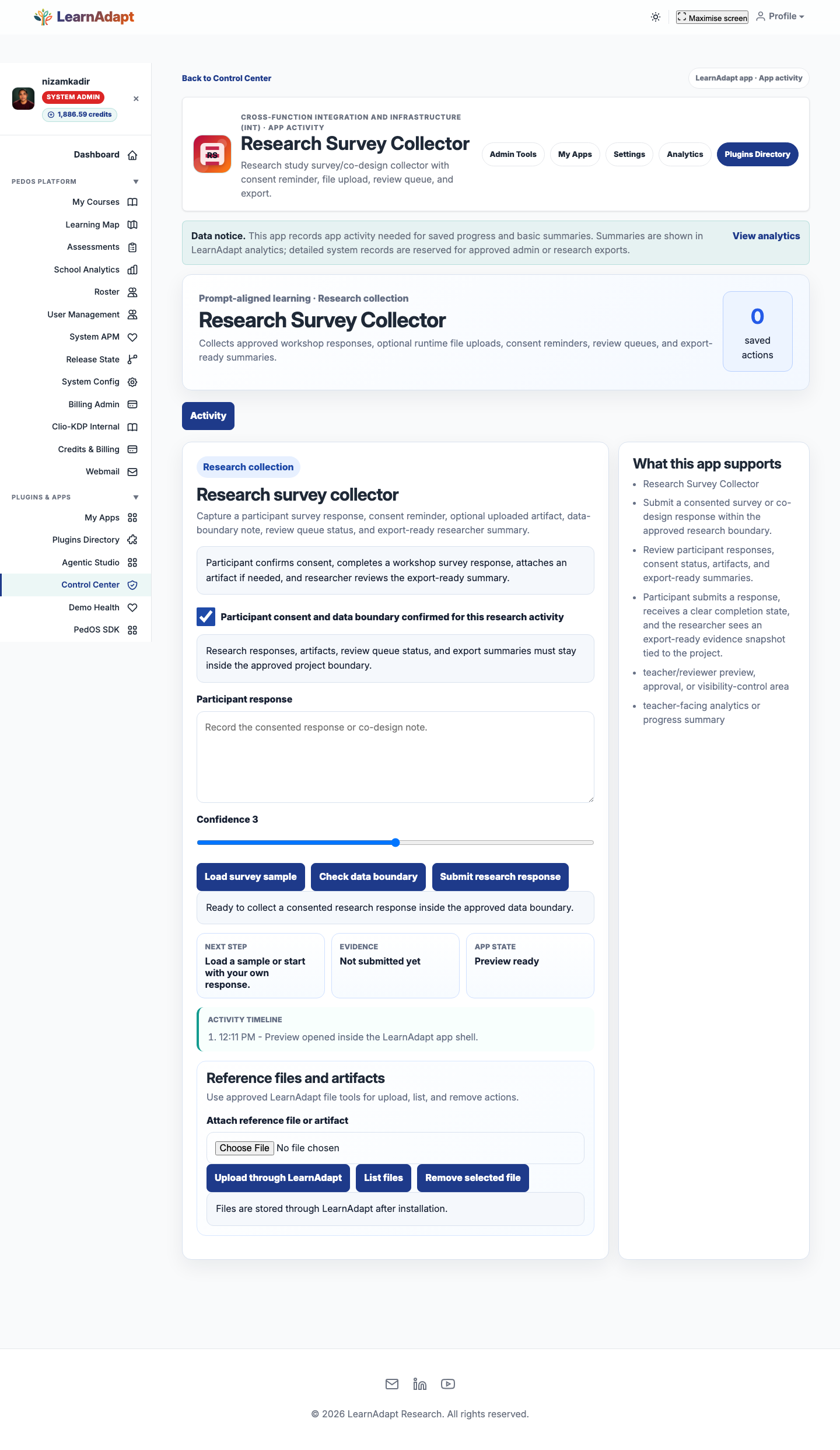 Research Survey Collector opens inside the selected LearnAdapt placement.