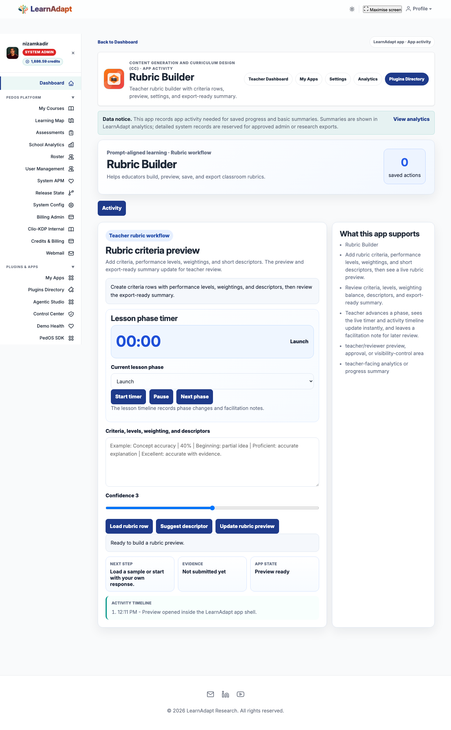 Rubric Builder opens inside the selected LearnAdapt placement.