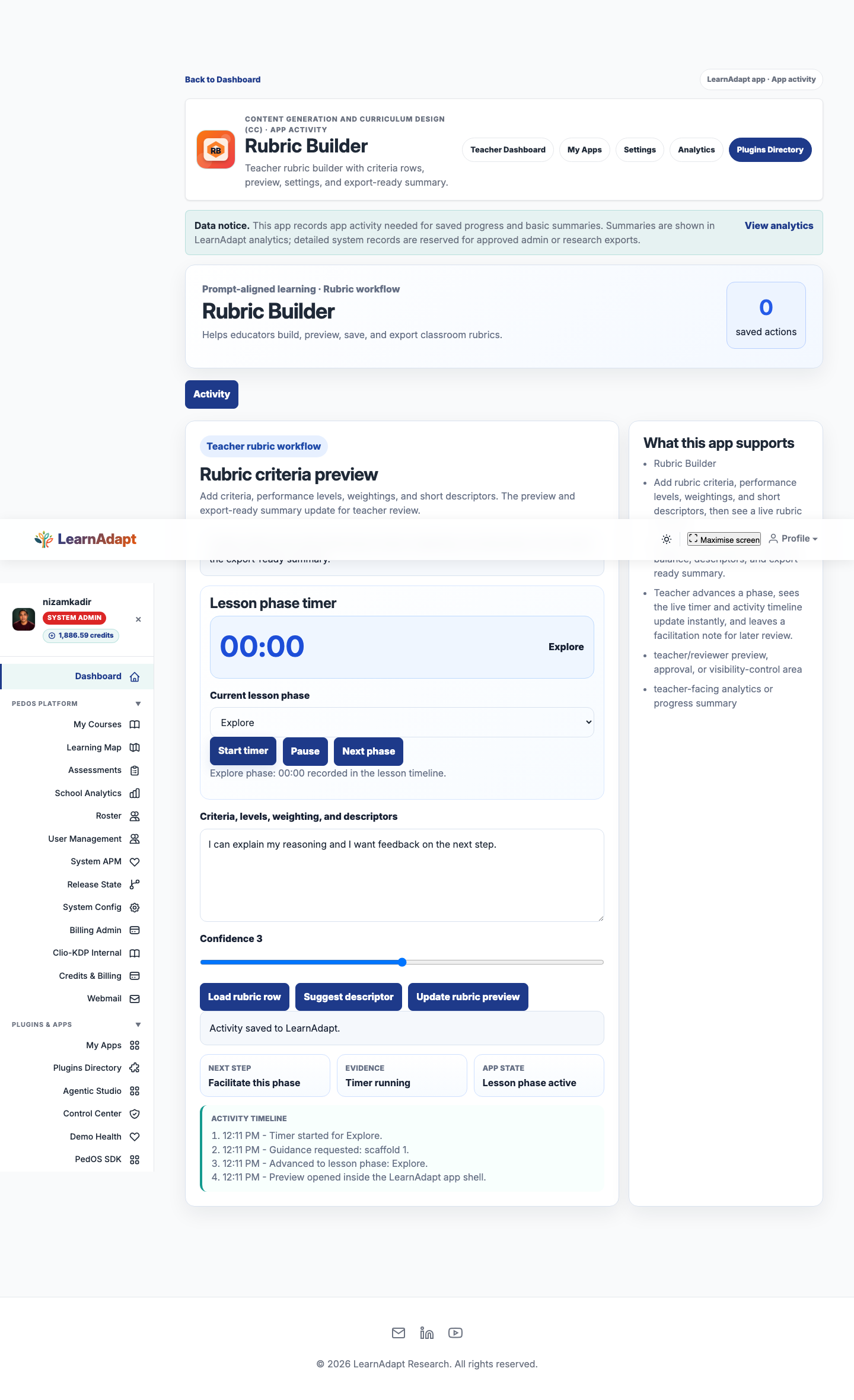 Rubric Builder after a real installed-user interaction.
