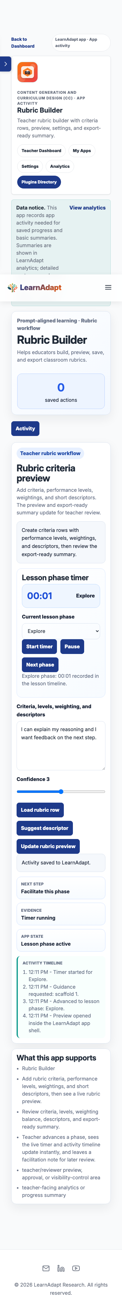 Rubric Builder on a mobile-width installed view.